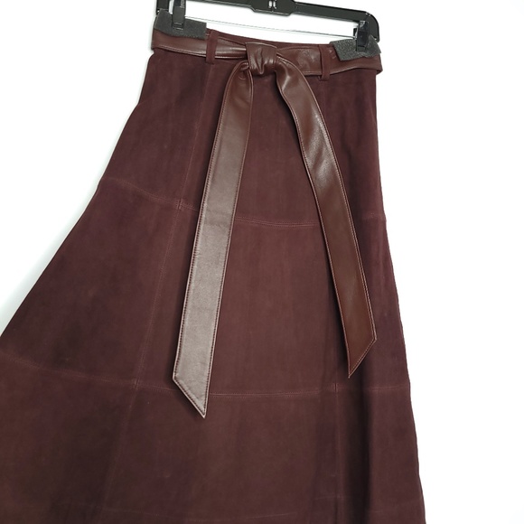 TREND ALERT ALICE + OLIVIA Martine Brown Suede A-line Midi Skirt w Belt size 4 - Picture 3 of 12